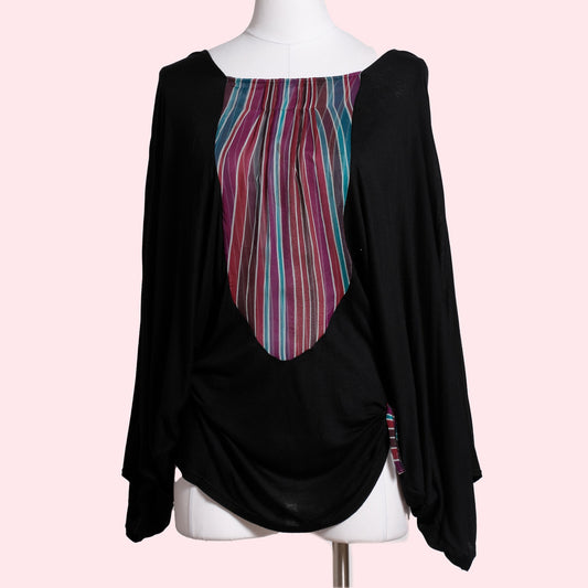 MAJE Vintage Black Batwing Blouse with Multicolor Silk Striped Print