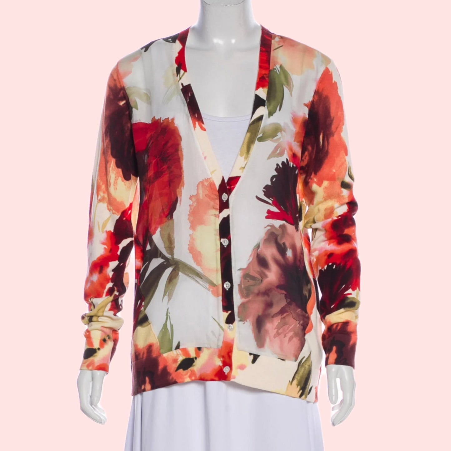 HAUTE HIPPIE Orange, Red and Cream Silk Floral Printed Cardigan