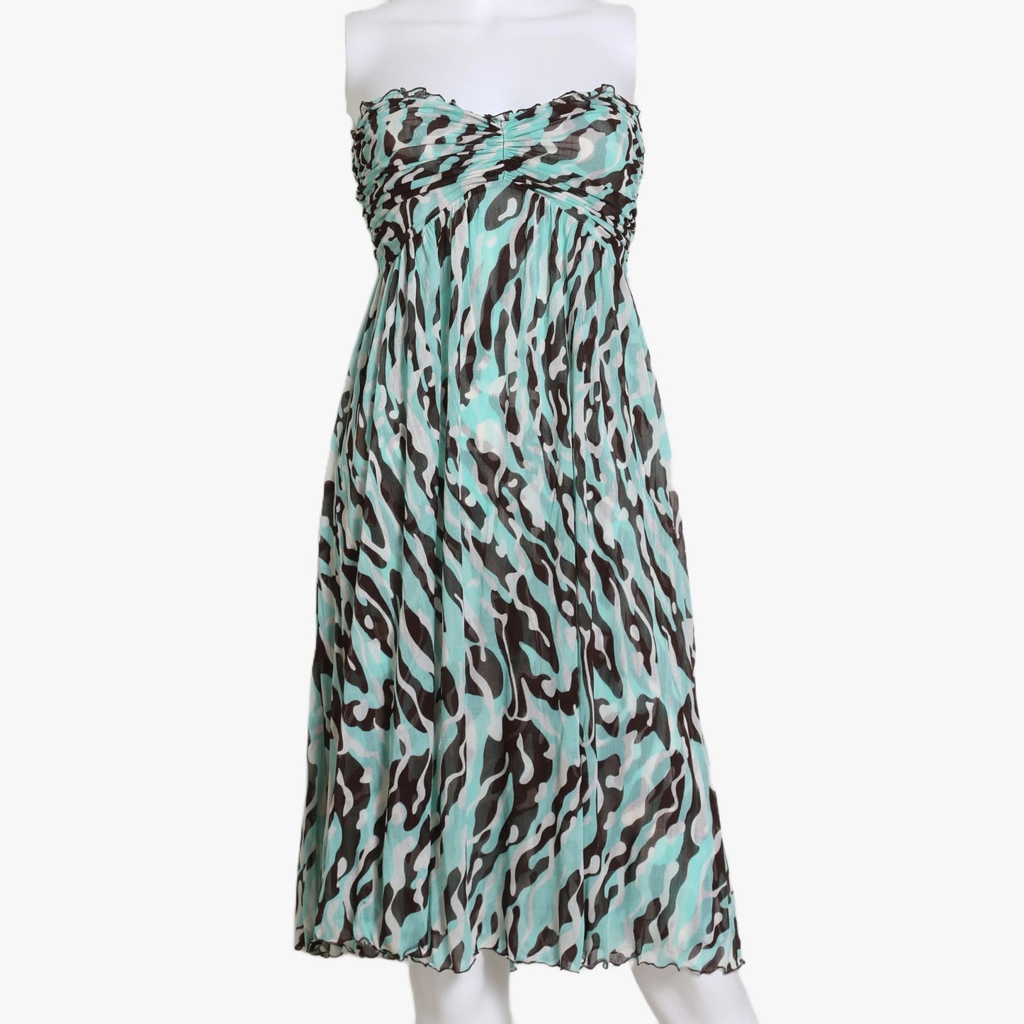 DIANE VON FURSTENBERG Blue Abstract Print Strapless Silk Knee Length Dress