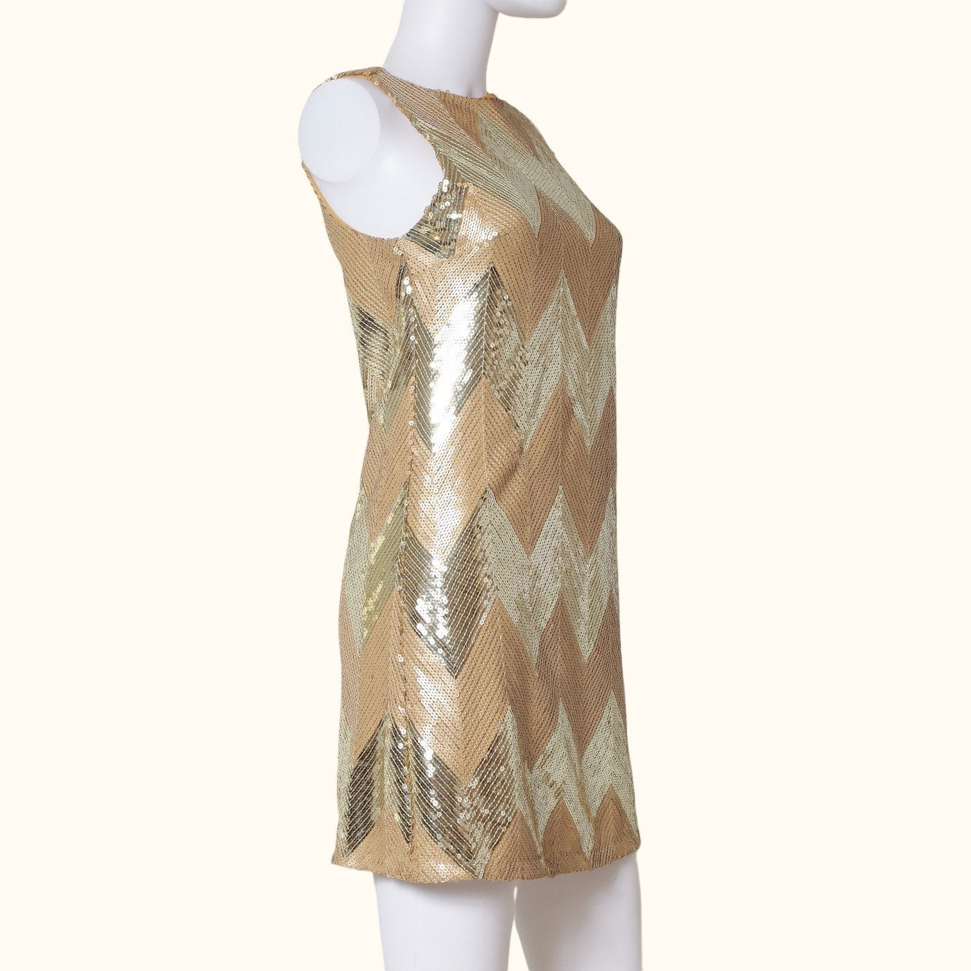 REBECCA MINKOFF Gold Chevron Sequin Sleeveless Shift Mini Dress