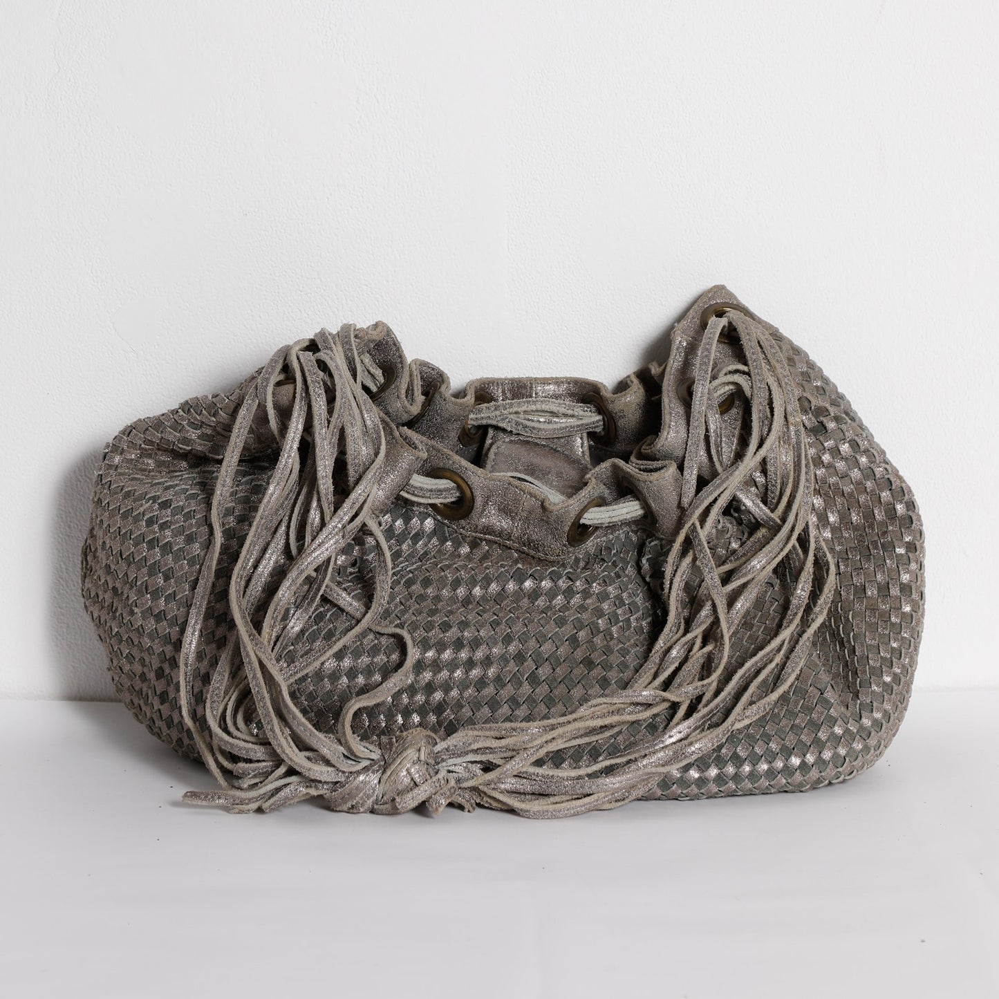 CARVELA Grey and Silver Vintage Metallic Woven Leather Shoulder Bag