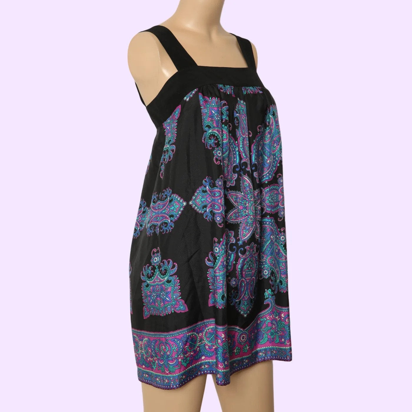 TIBI Black Blue Purple Paisley Silk Sleeveless Shift Mini Dress