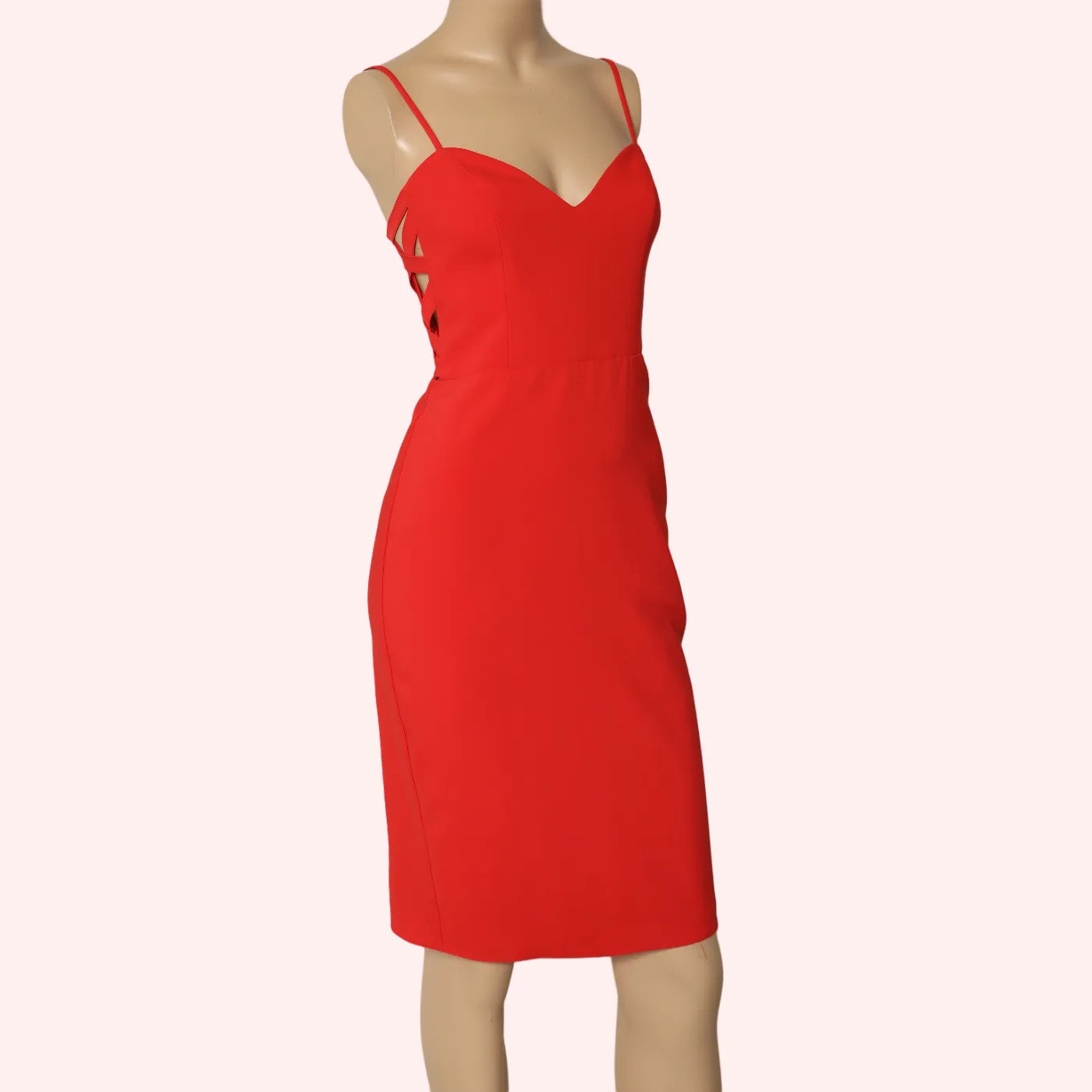 THEIA Red Side Panel Strappy Sheath Knee Length Dress