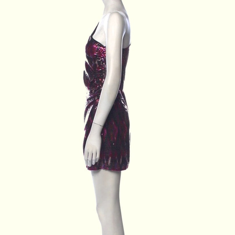 MISA Los Angeles Pink Purple Metallic One Shoulder Ruched Mini Dress