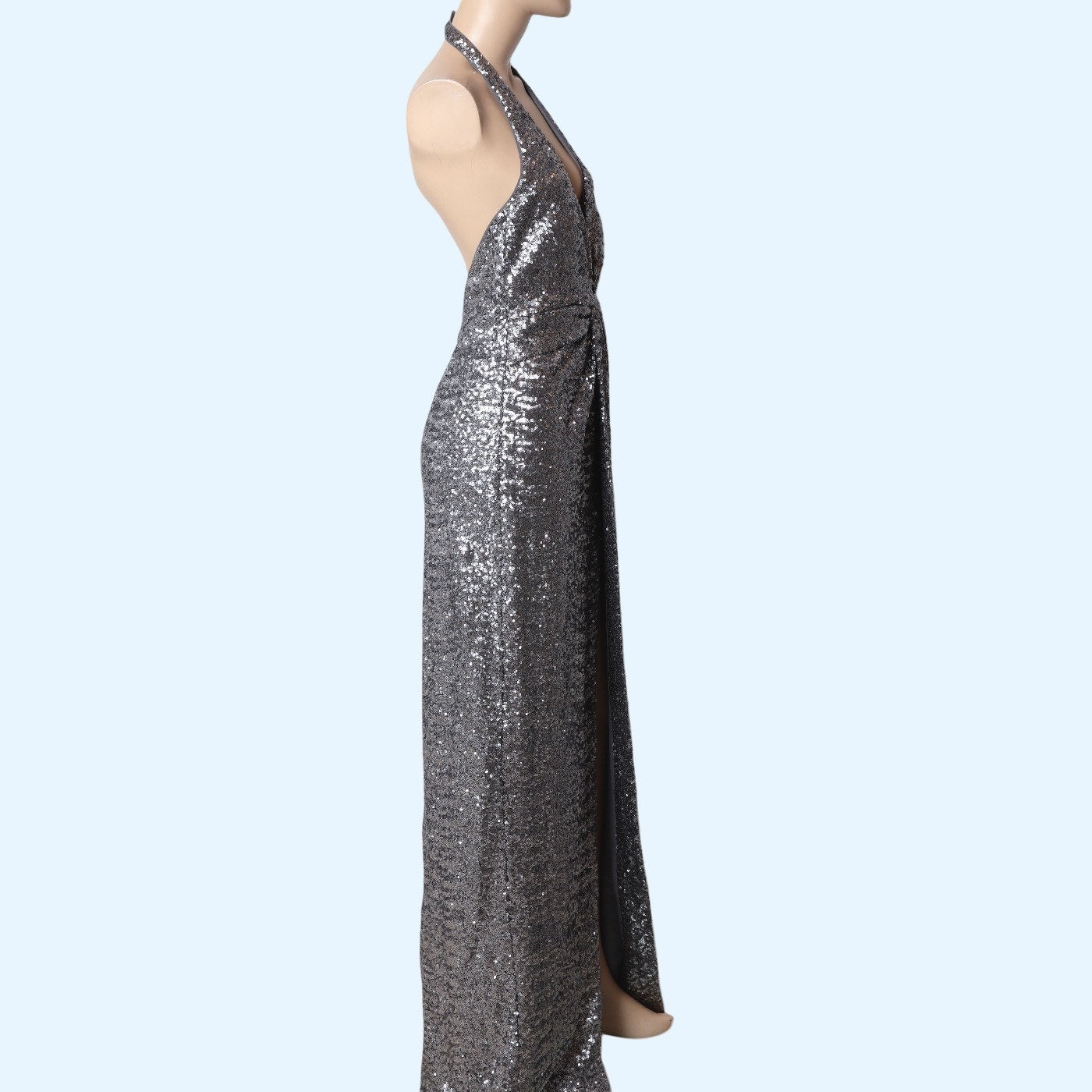 HALSTON Heritage Silver Sequin Halter Deep V-Neck Maxi Dress Gown