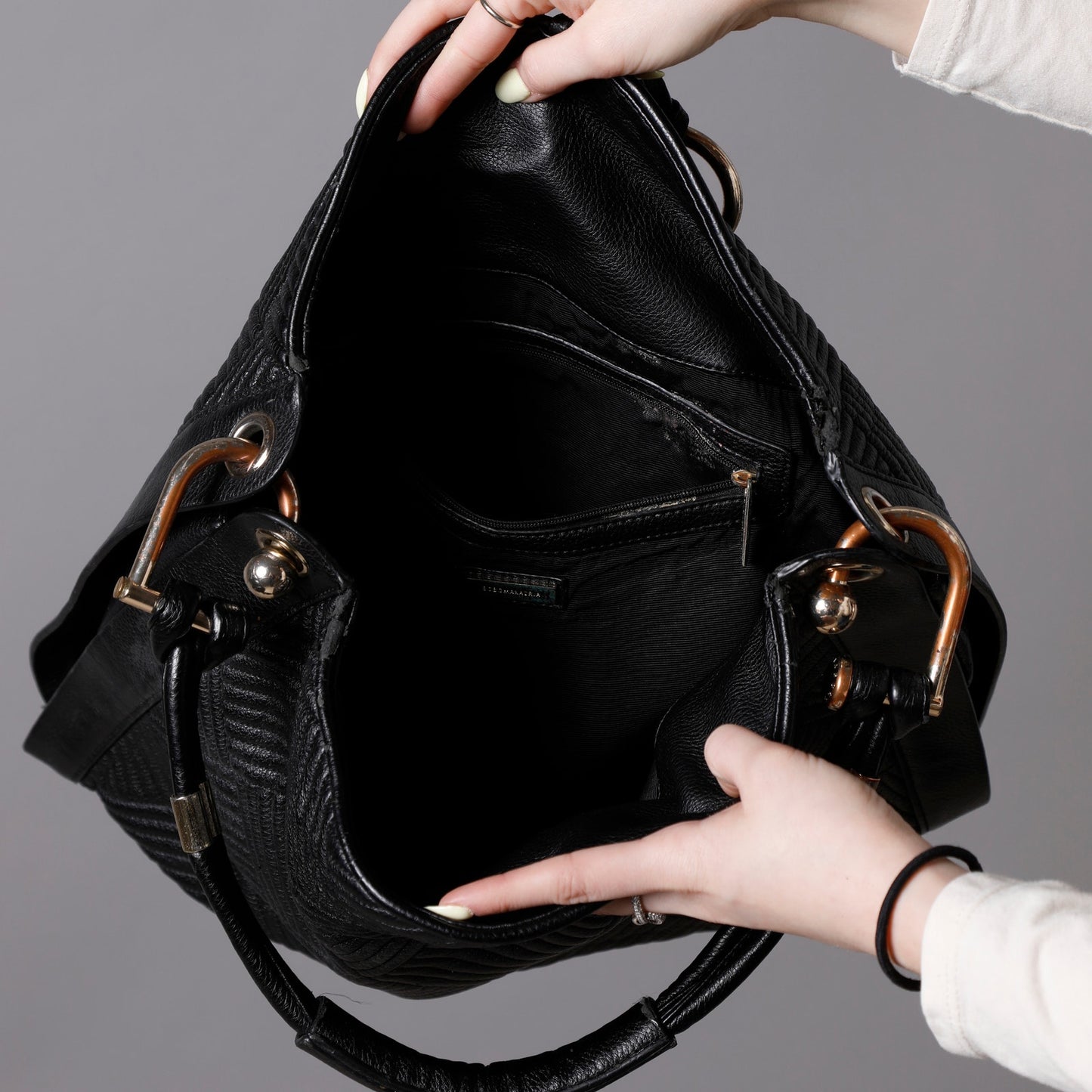 BCBGMAXAZRIA Vintage Black Leather Textured Shoulder Bag Tote