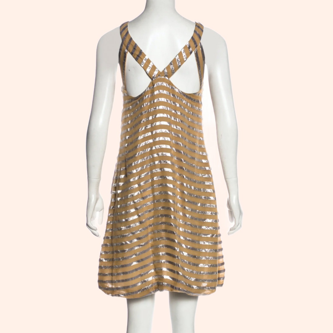 YIGAL AZROUËL Beige and Metallic Silver Striped Sleeveless Silk Dress