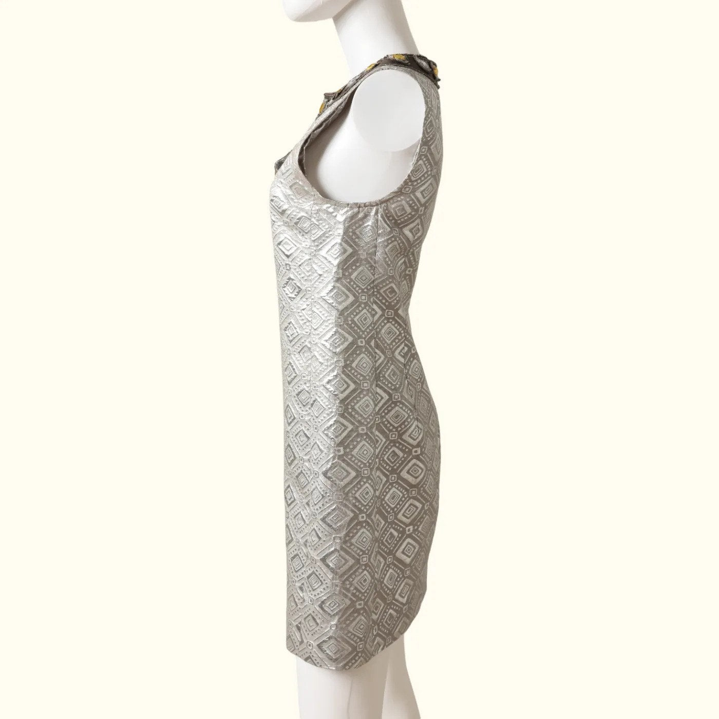 TORY BURCH Vintage Silver Metallic Brocade Embellished Shift Mini Dress