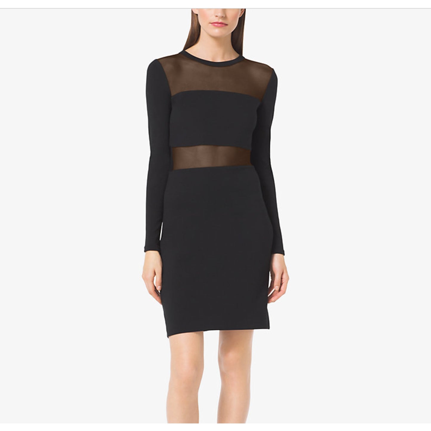 MICHAEL KORS Black Mesh Panel Long Sleeve Bodycon Dress