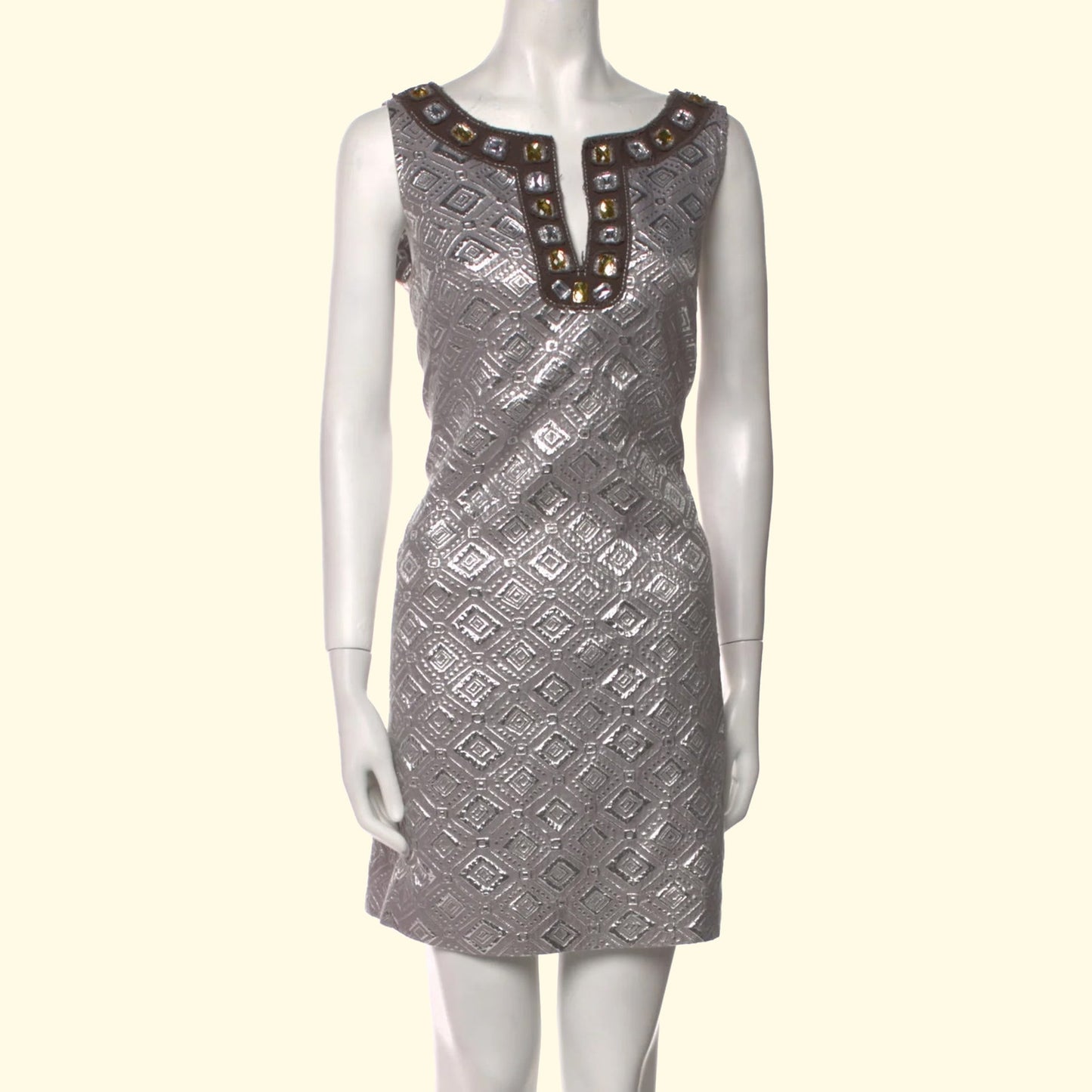 TORY BURCH Vintage Silver Metallic Brocade Embellished Shift Mini Dress