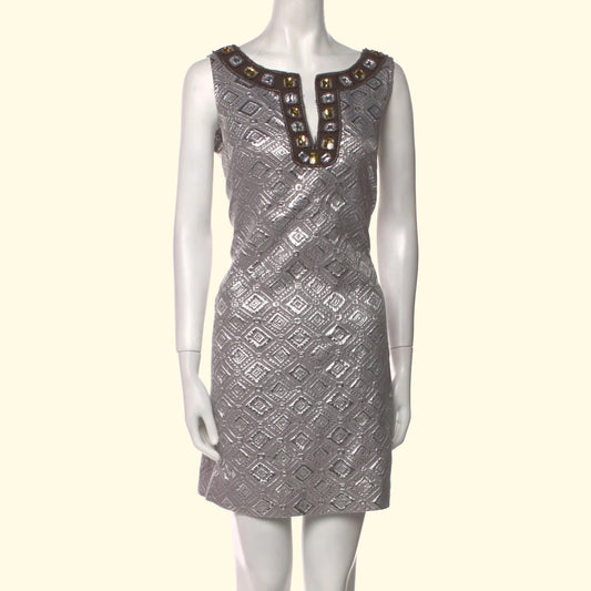 TORY BURCH Vintage Silver Metallic Brocade Embellished Shift Mini Dress