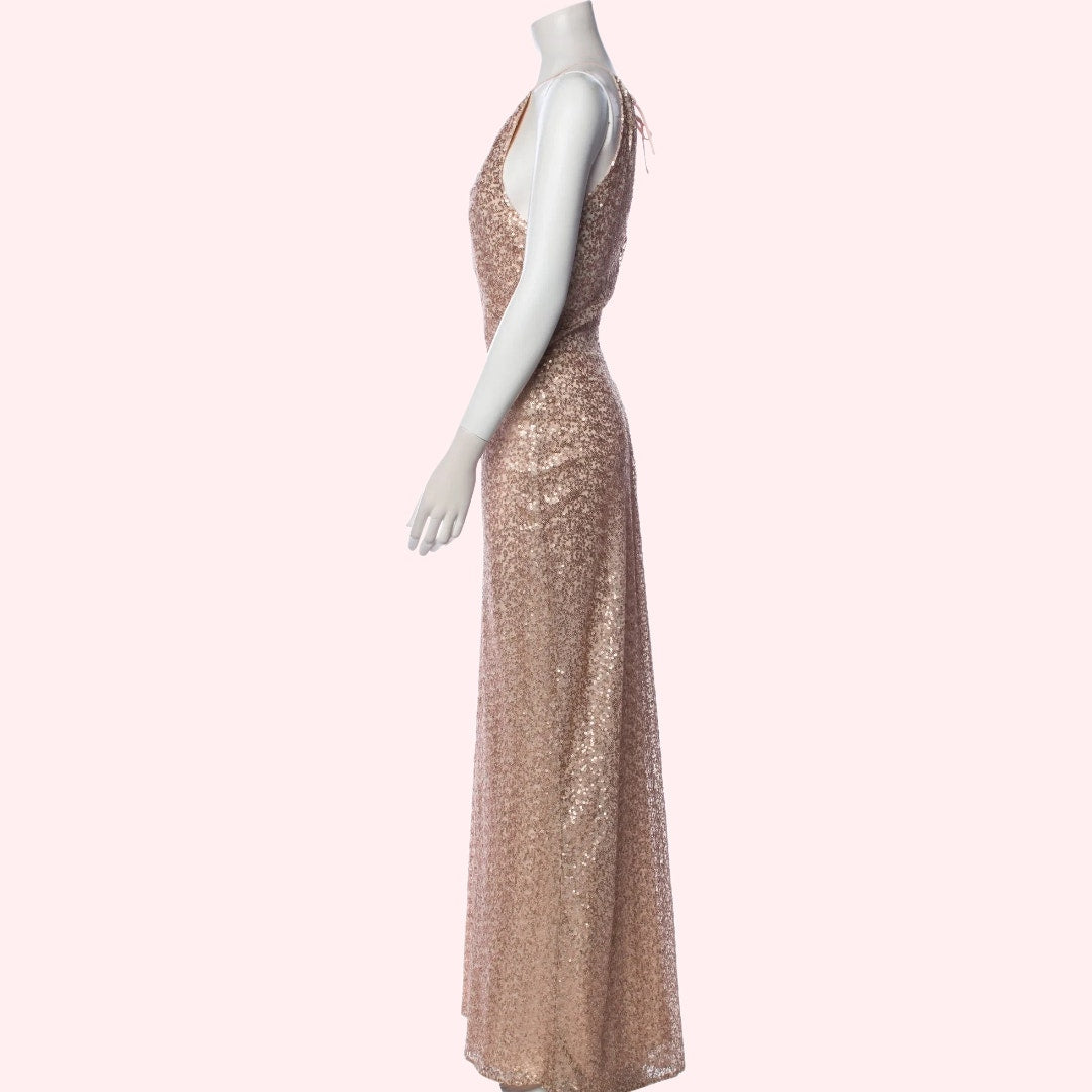 AMSALE Rose Gold Sequin Halterneck Maxi Evening Gown w/ Tags