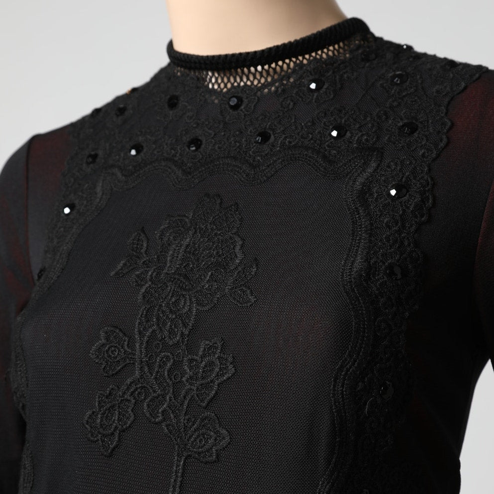 VIVIENNE TAM Black and Red Mesh and Lace Embroidered Long Sleeve Dress