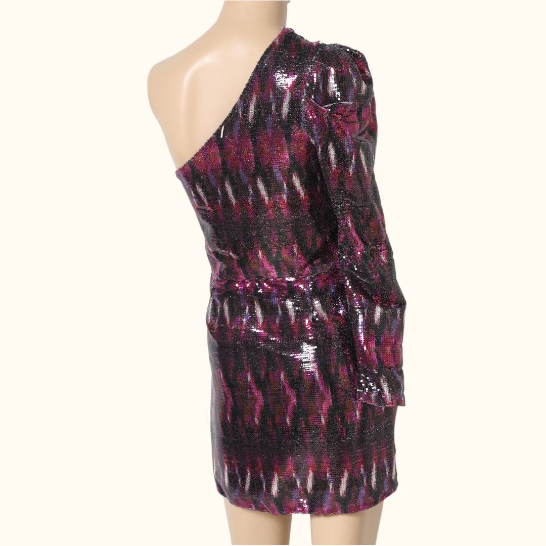 MISA Los Angeles Pink Purple Metallic One Shoulder Ruched Mini Dress