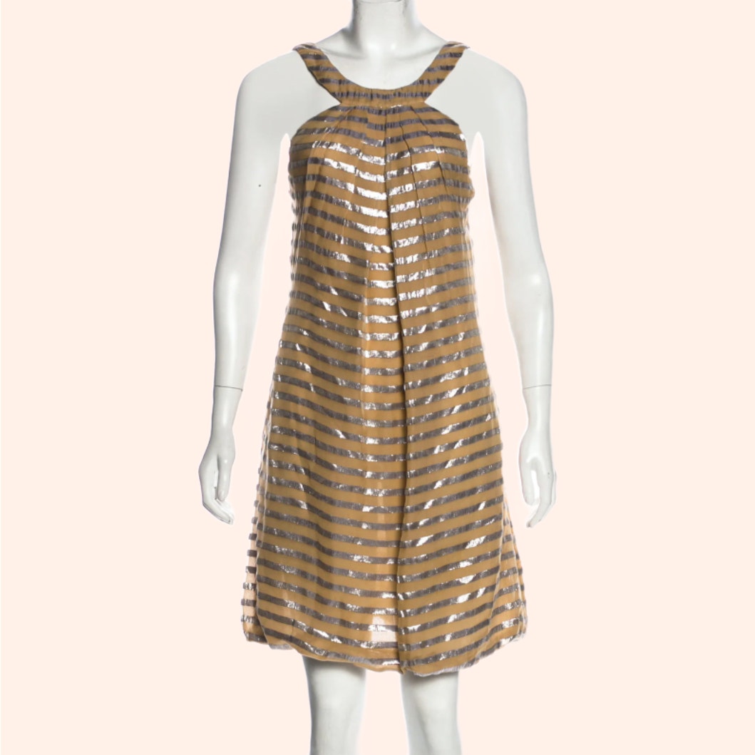 YIGAL AZROUËL Beige and Metallic Silver Striped Sleeveless Silk Dress