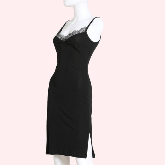 YMAYABA Black with Lace Neckline Vintage Midi Dress
