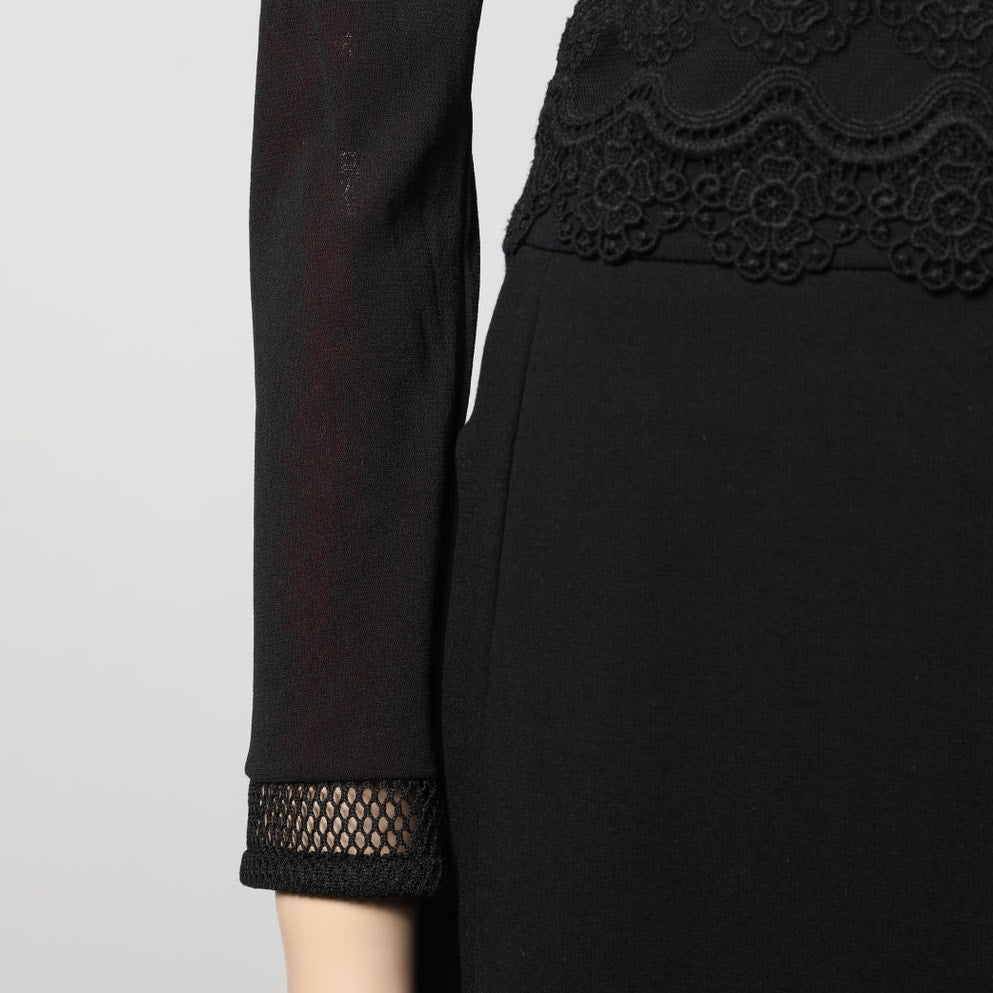 VIVIENNE TAM Black and Red Mesh and Lace Embroidered Long Sleeve Dress