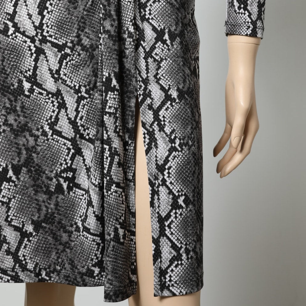 MICHAEL KORS Black Gray Snakeskin Print Long Sleeve Ruched Dress
