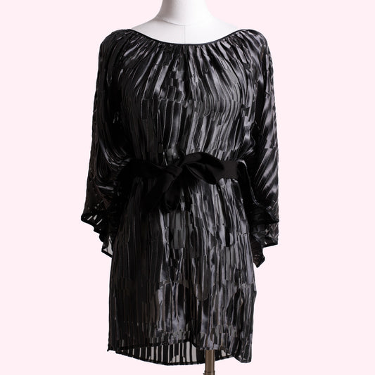 CATHERINE MALANDRINO Black + Silver Geometric Vintage Silk Dress