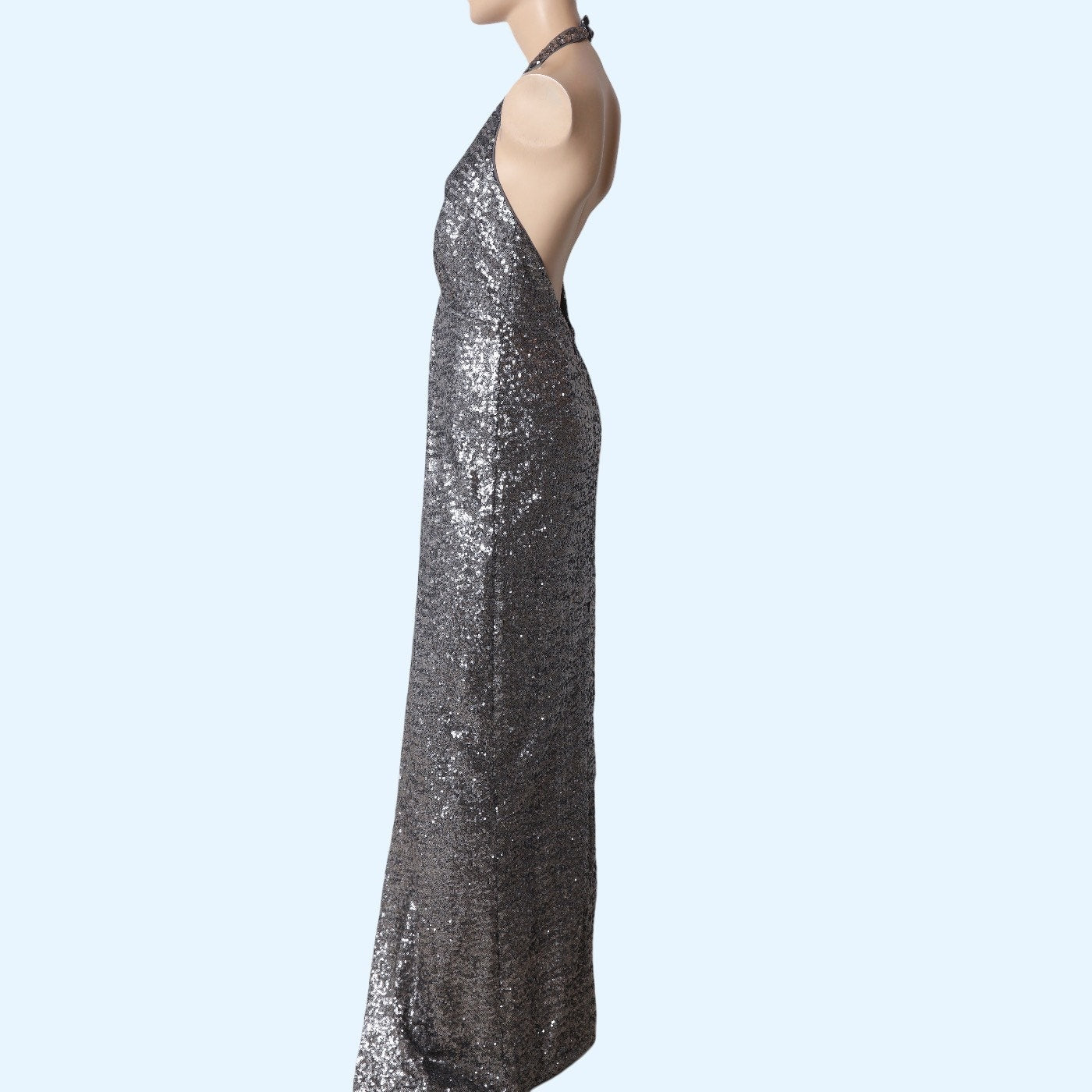 HALSTON Heritage Silver Sequin Halter Deep V-Neck Maxi Dress Gown