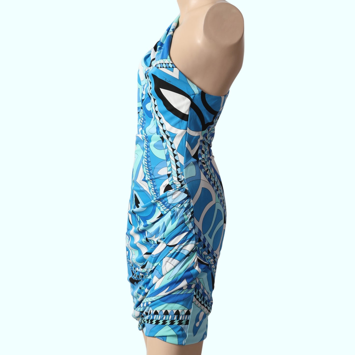 EMILIO PUCCI Blue, White, Turquoise Vintage One Shoulder Printed Dress
