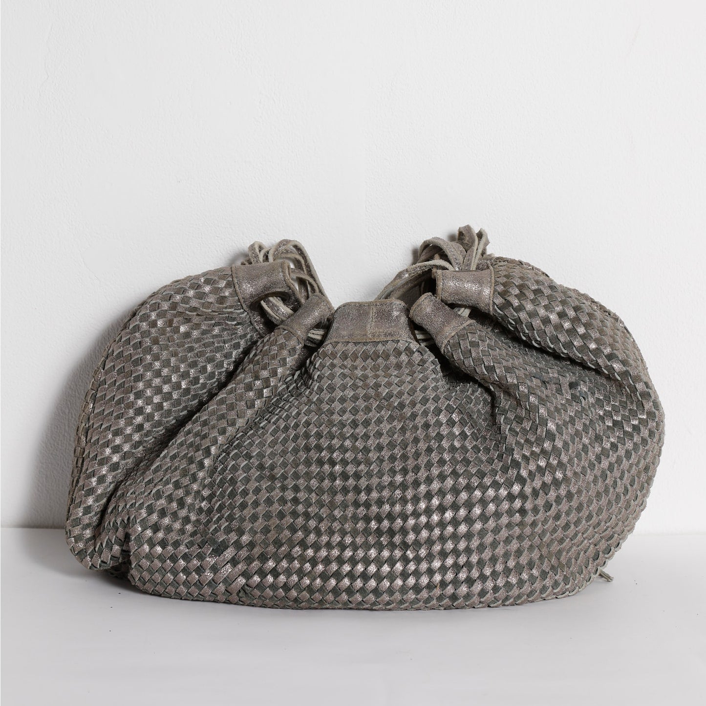 CARVELA Grey and Silver Vintage Metallic Woven Leather Shoulder Bag