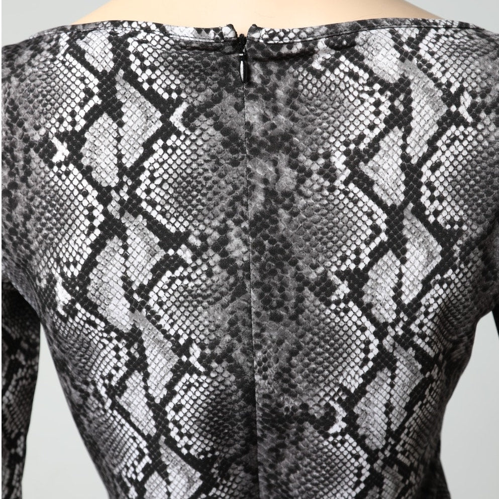 MICHAEL KORS Black Gray Snakeskin Print Long Sleeve Ruched Dress