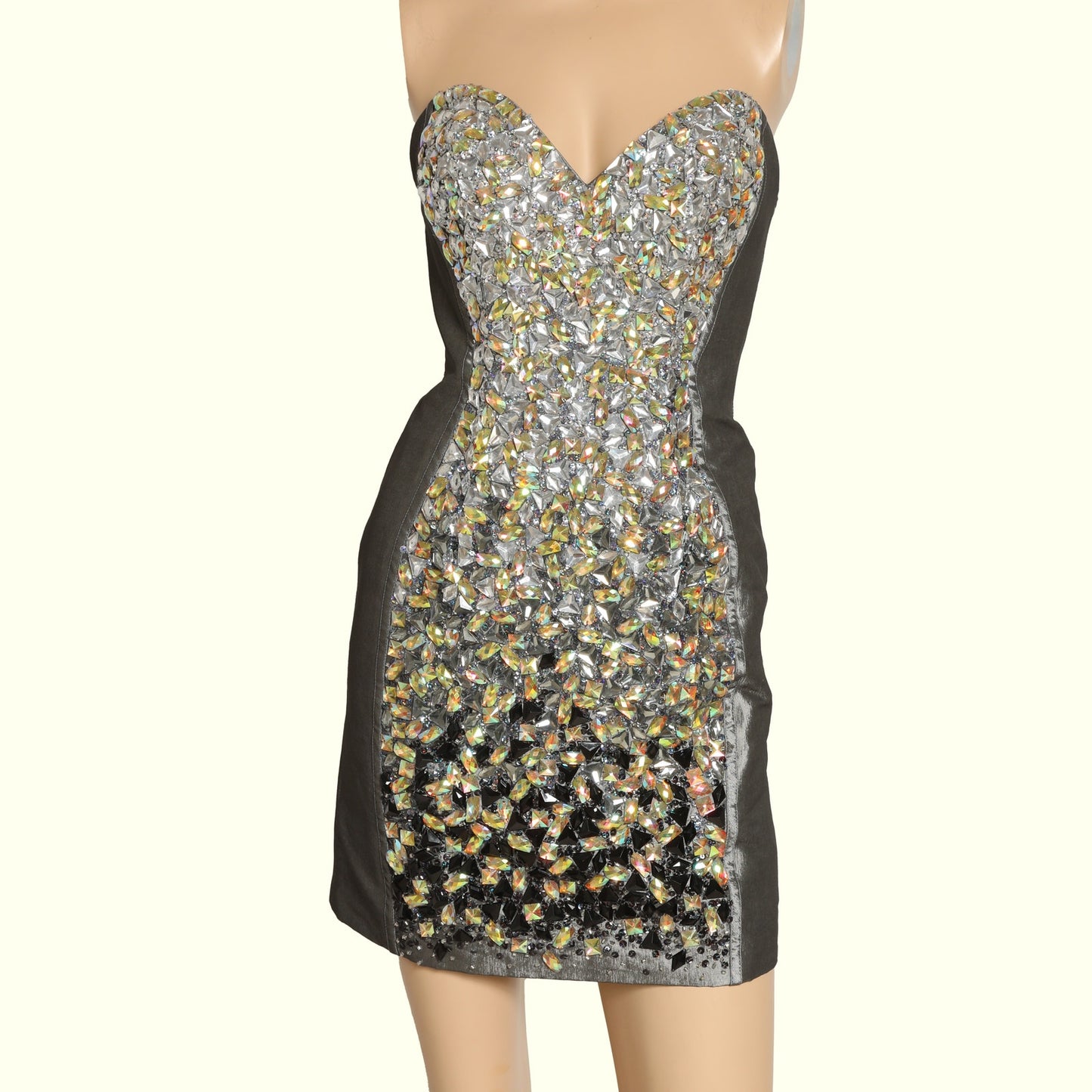 JOVANI Gray Multicolor Crystal Embellished Strapless Mini Dress