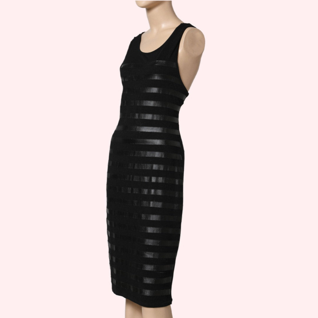 VINCE CAMUTO Black Sleeveless Midi Dress with Faux Leather Stripes