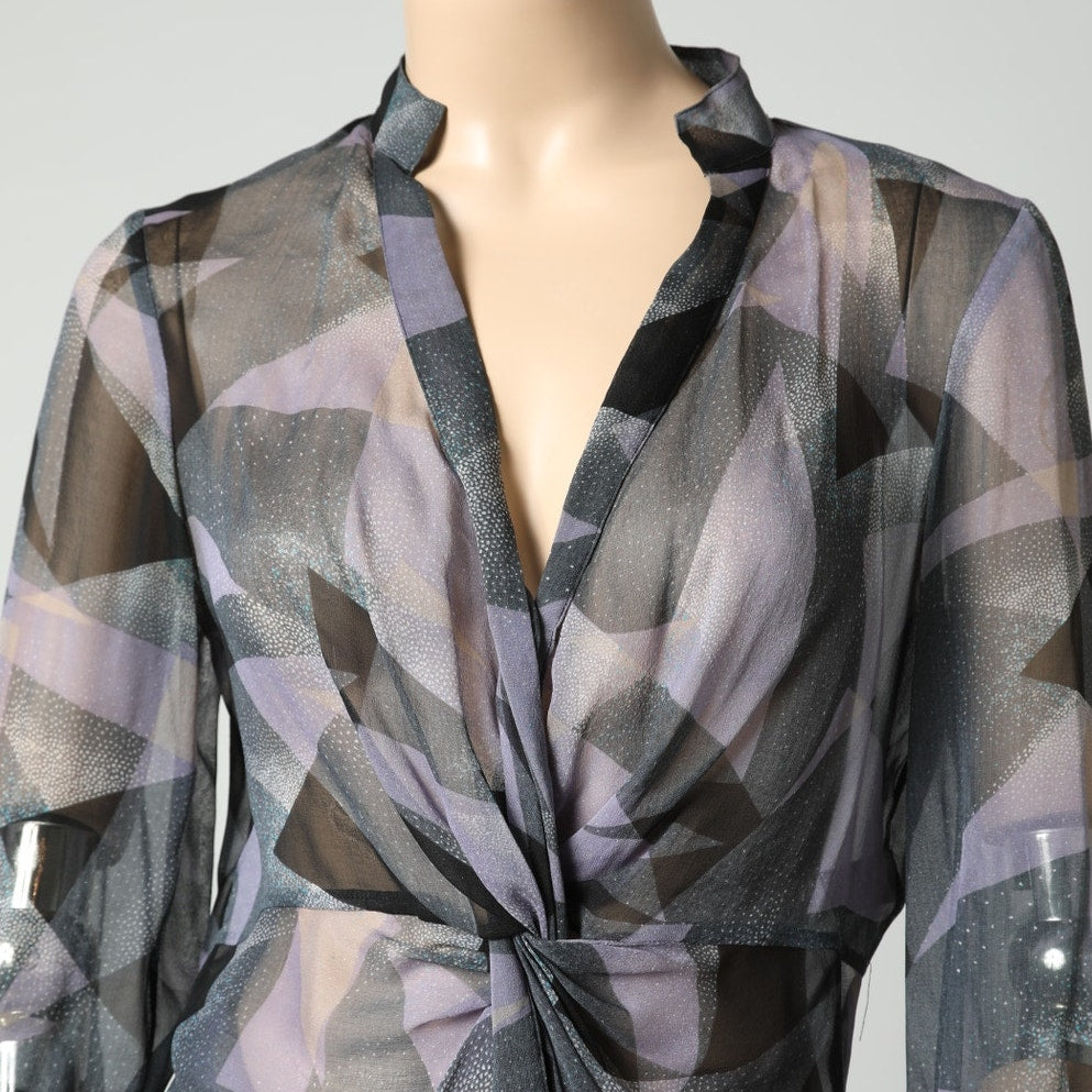 DIANE VON FURSTENBERG Vintage Y2K Purple and Gray Silk Sheer Twist Front Top