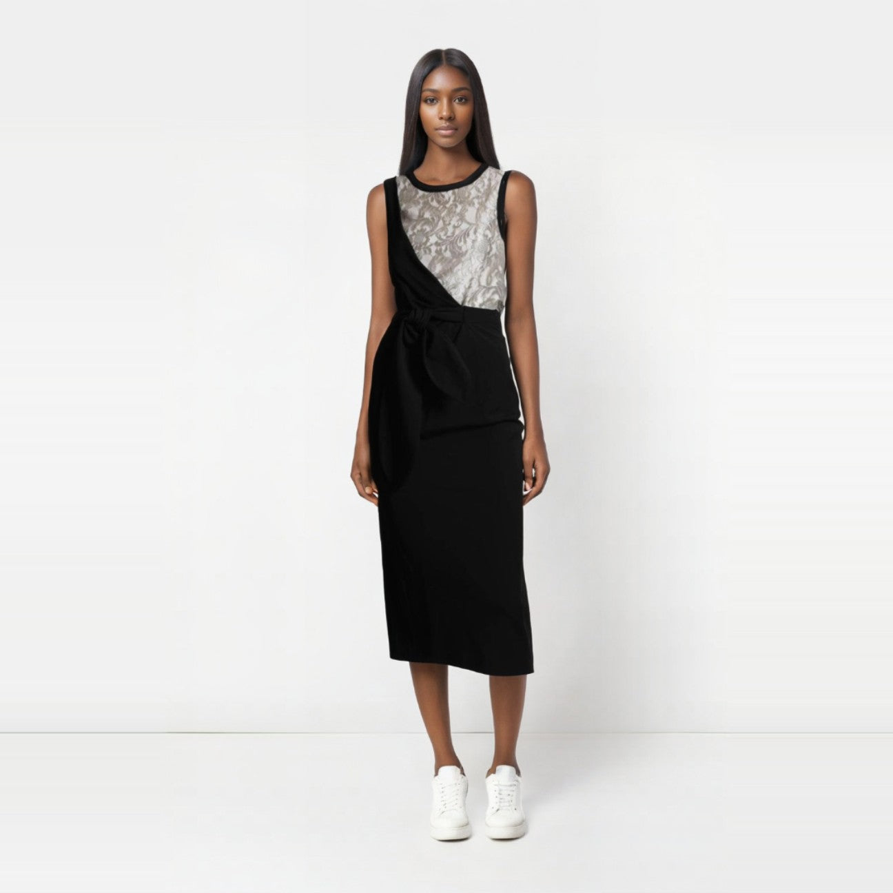 DIANE VON FURSTENBERG Black with Lace Accented Sleeveless Midi Dress