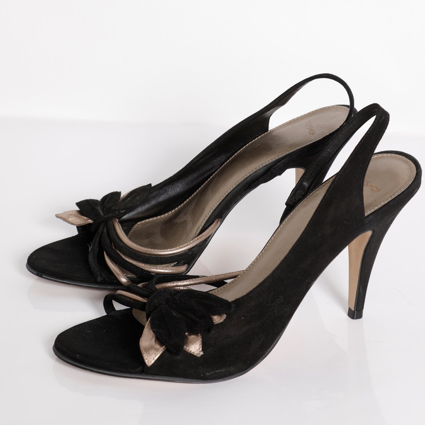 TOPSHOP Vintage Black Suede and Metallic Gold Kitten Heels