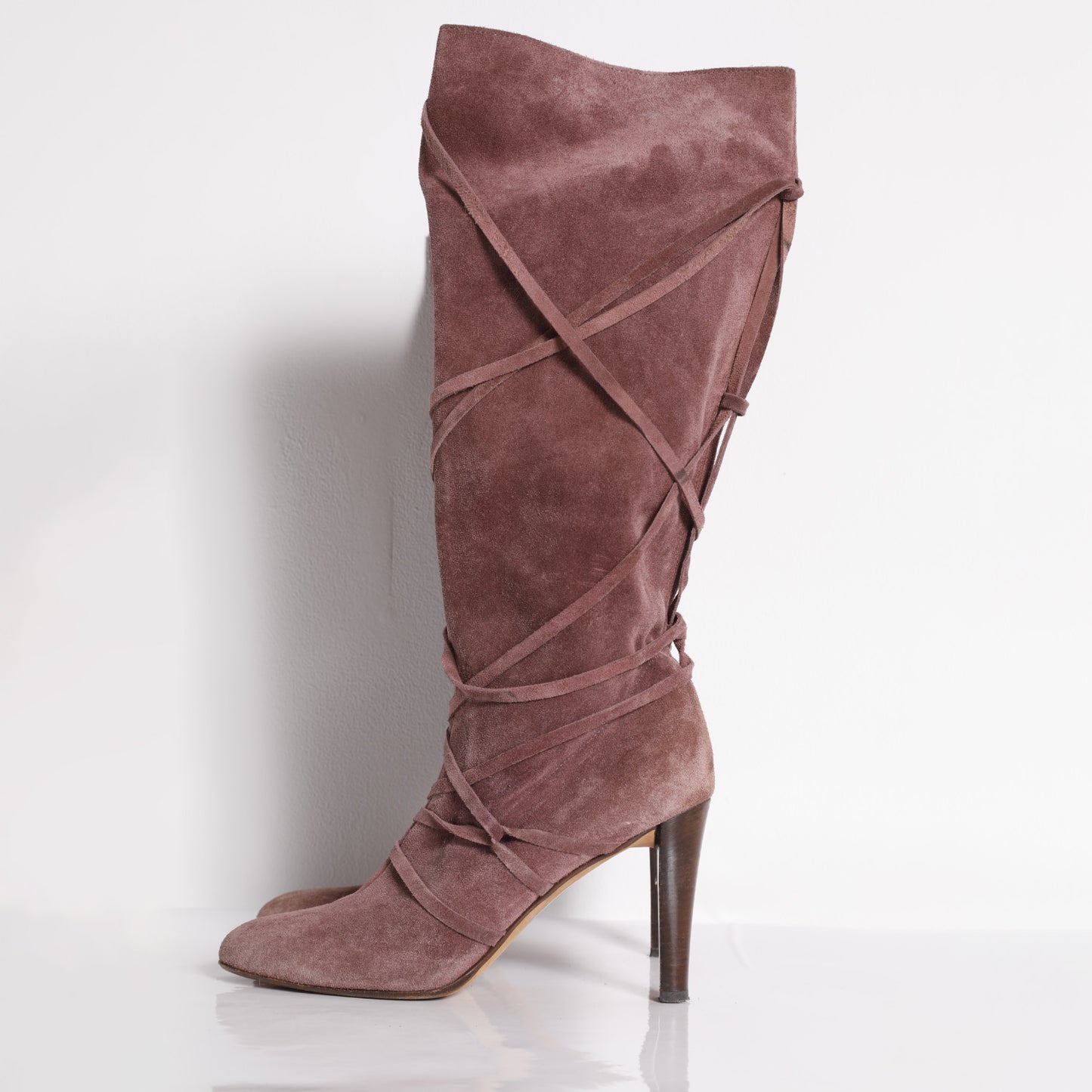 KURT GEIGER Dusty Rose Suede Leather Knee High Boot Strappy Heels