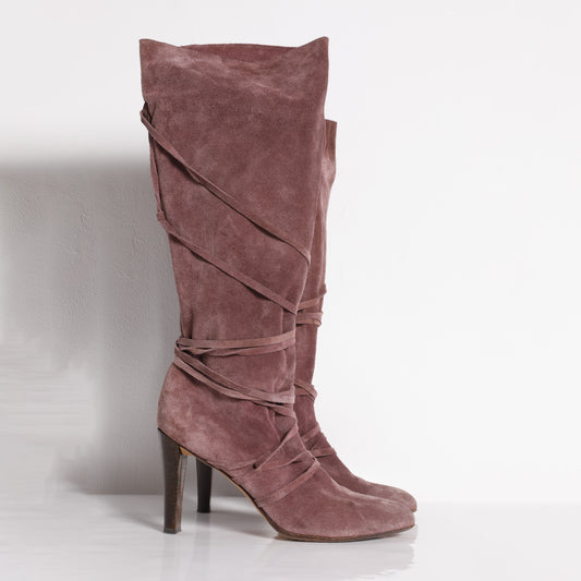 KURT GEIGER Dusty Rose Suede Leather Knee High Boot Strappy Heels