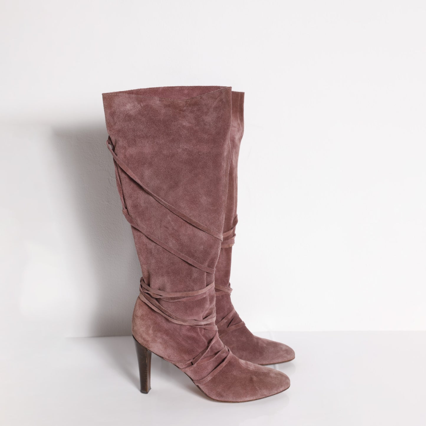 KURT GEIGER Dusty Rose Suede Leather Knee High Boot Strappy Heels