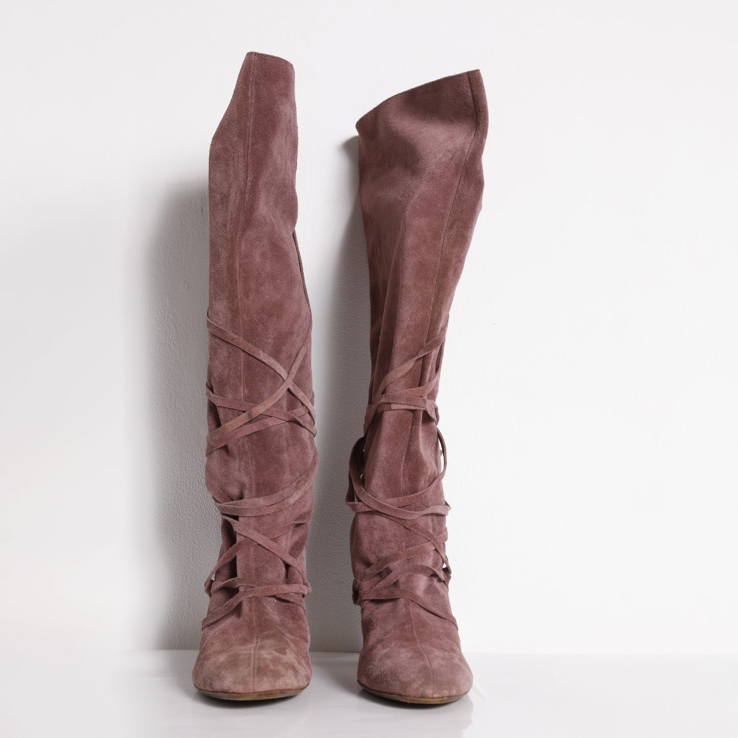 KURT GEIGER Dusty Rose Suede Leather Knee High Boot Strappy Heels