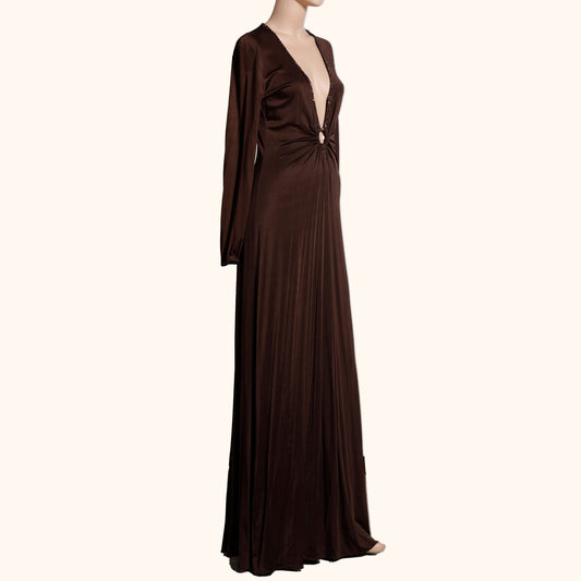 BCBGMAXAZRIA Brown Long Sleeve V Neck Maxi Dress Gown