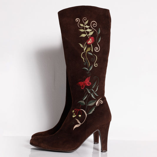 OFFICE LONDON Brown Suede with Multicolor Floral Embroidery Knee High Boot Heels