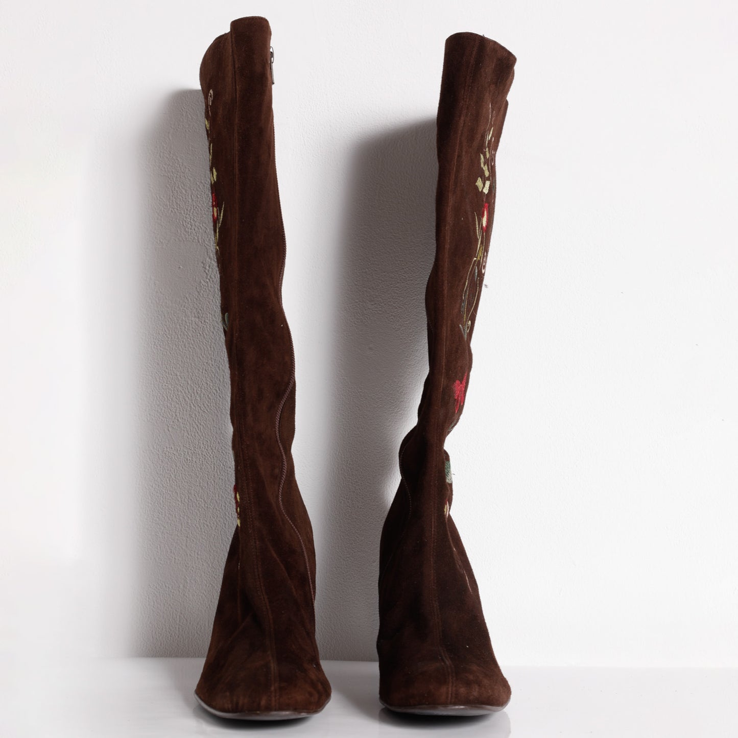 OFFICE LONDON Brown Suede with Multicolor Floral Embroidery Knee High Boot Heels