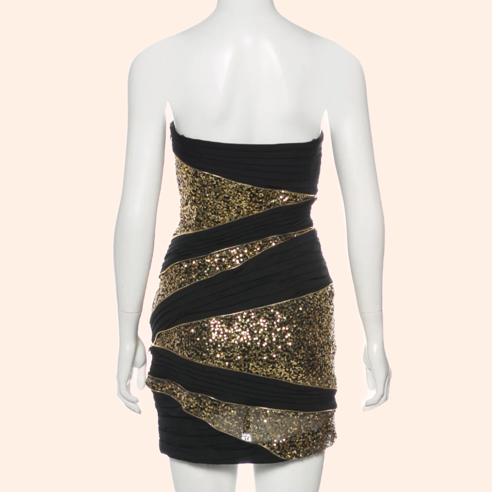 ROBERT RODRIGUEZ Black and Gold Strapless Sequin Silk Dress