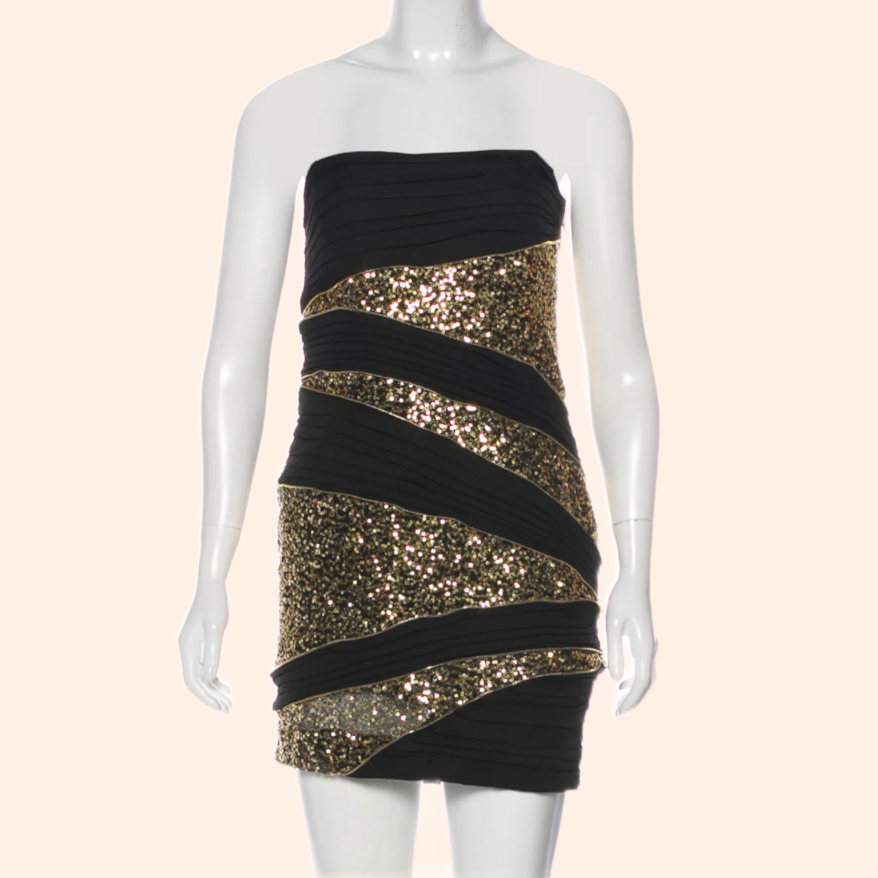 ROBERT RODRIGUEZ Black and Gold Strapless Sequin Silk Dress