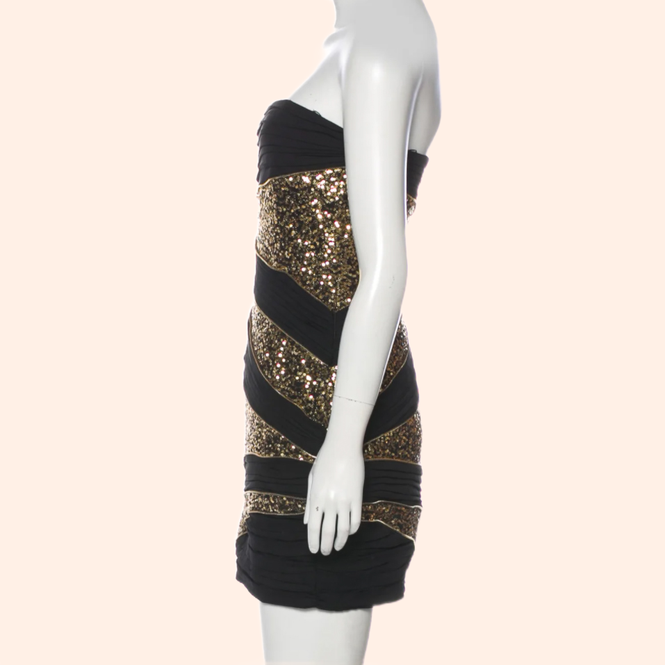 ROBERT RODRIGUEZ Black and Gold Strapless Sequin Silk Dress