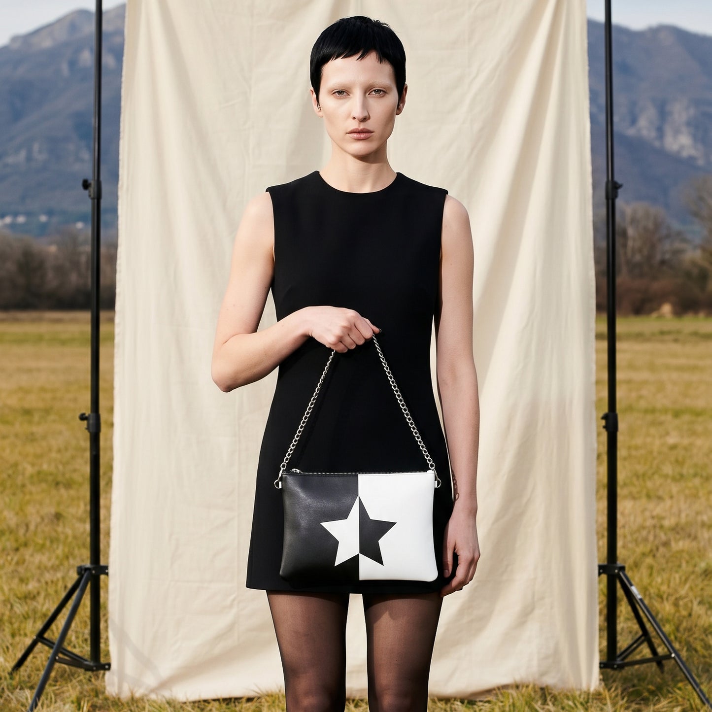 UNTITLED BOUTIQUE Black and White Yin-Yang Leather Star Crossbody Bag with Silver Chain - Limited Edition