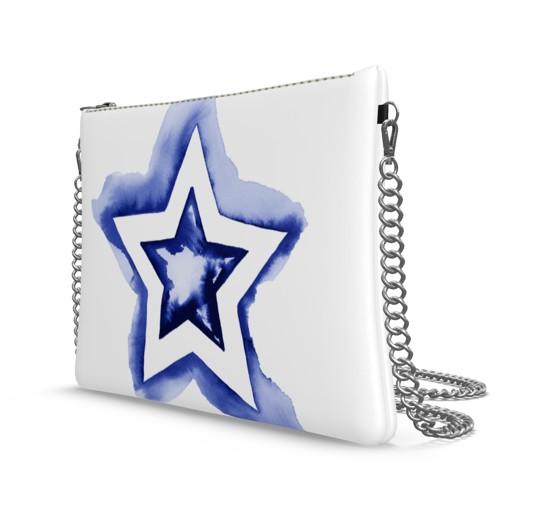 UNTITLED BOUTIQUE White and Blue Leather Star Crossbody Bag with Silver Chain - Limited Edition