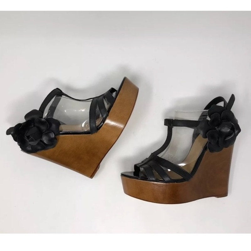 BADGLEY MISCHKA Black Leather Floral Wooden Platform Wedge Sandals
