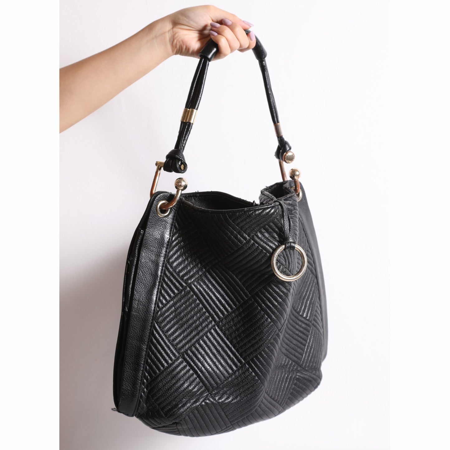 BCBGMAXAZRIA Vintage Black Leather Textured Shoulder Bag Tote