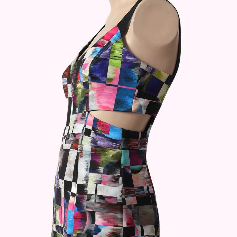 MILLY Multicolor Abstract Cubist Print Cutout Bodycon Dress