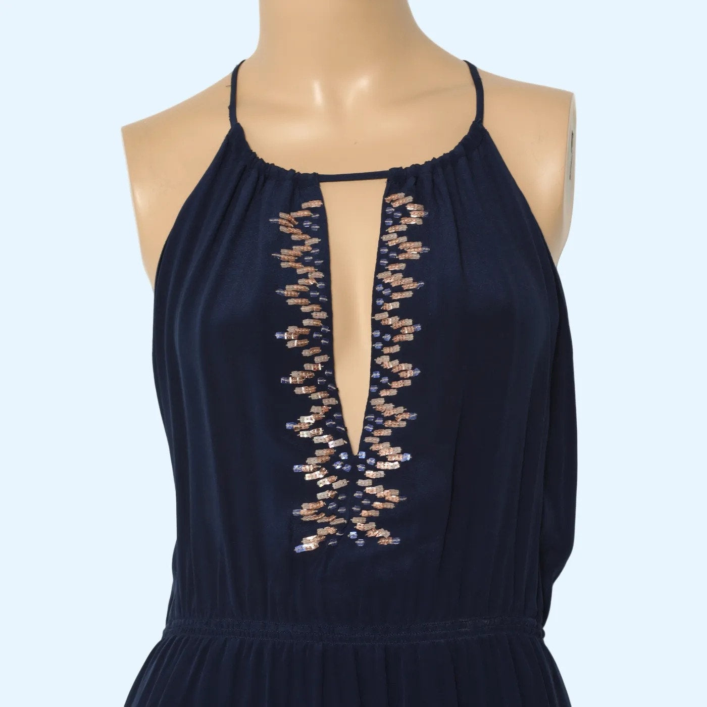CHELSEA FLOWER Navy Blue and Mint Colorblock Beaded Silk High Low Maxi Dress