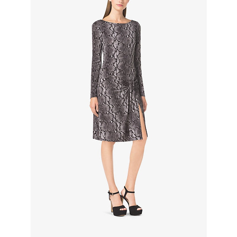 MICHAEL KORS Black Gray Snakeskin Print Long Sleeve Ruched Dress