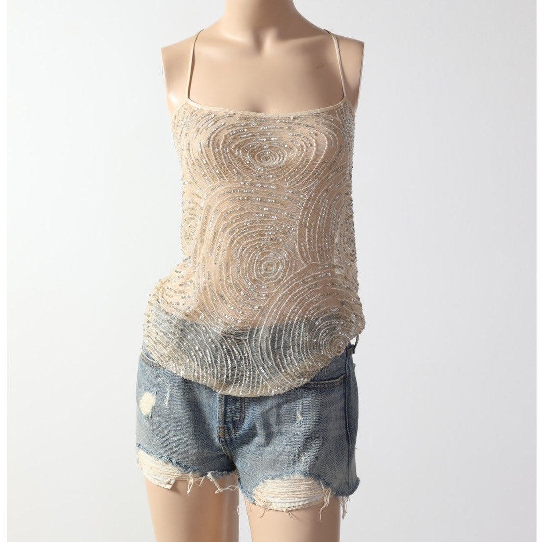 TOPSHOP KATE MOSS Vintage Cream Beaded Mesh Camisole Tank Top